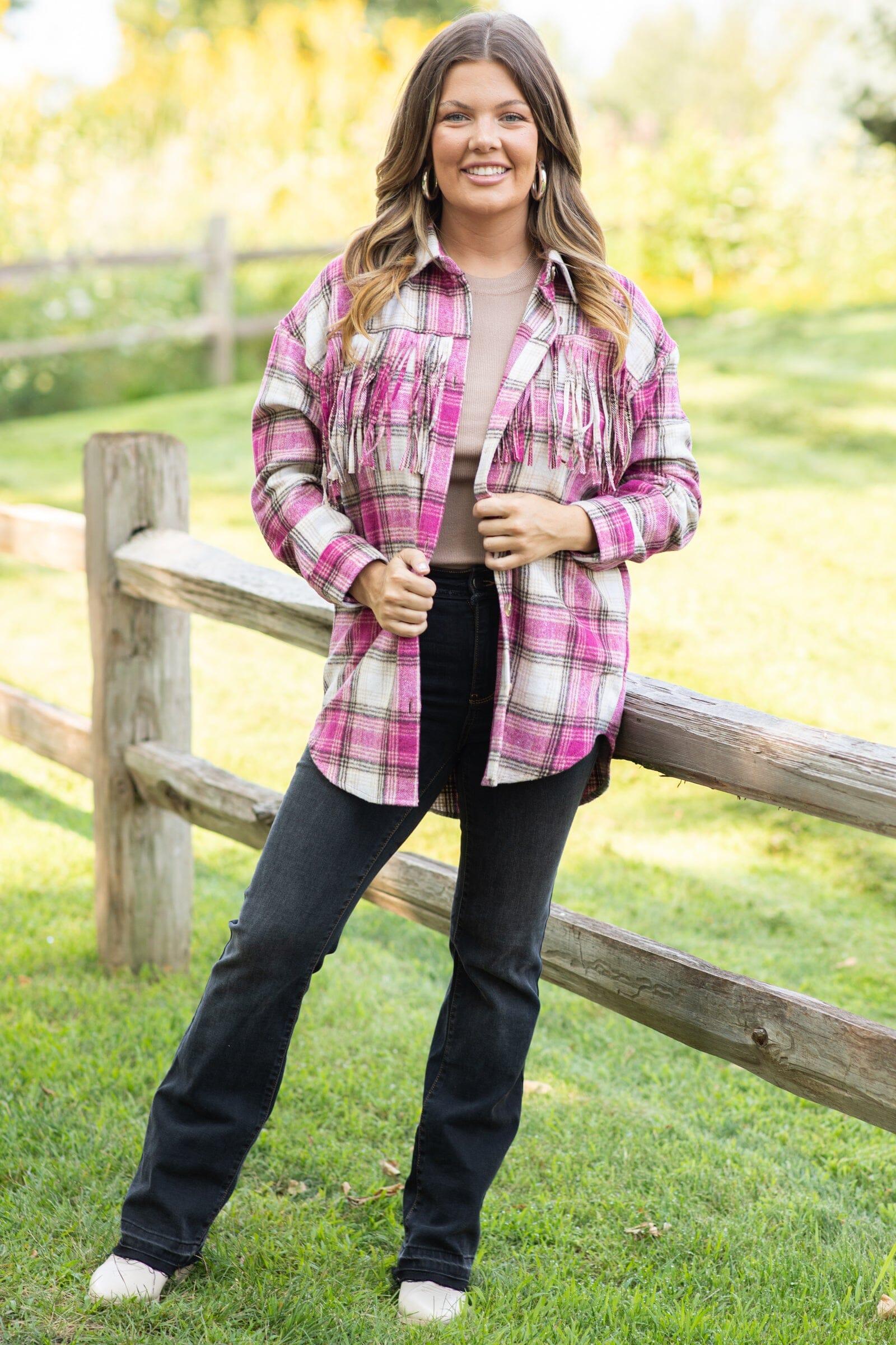Fuchsia and Ivory Plaid Shacket With Fringe Product Image