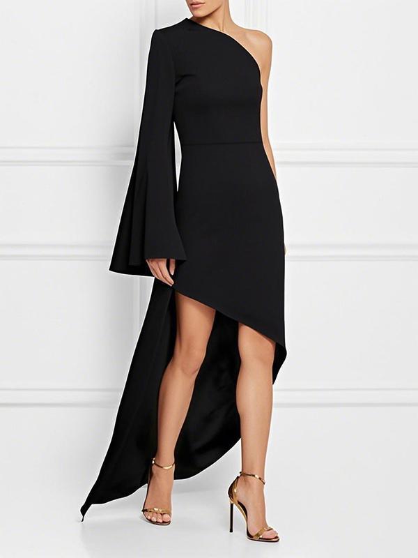 High-Low Long Sleeves Asymmetric Solid Color One-Shoulder Maxi Dresses Product Image