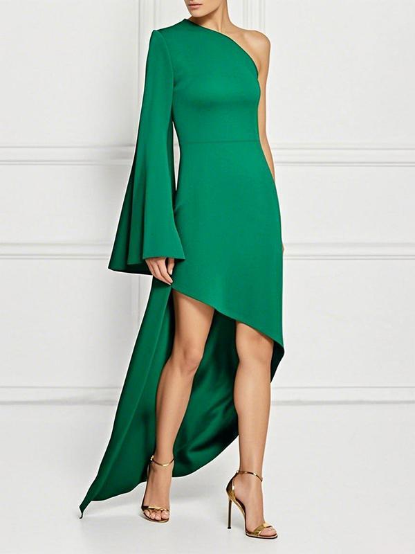 High-Low Long Sleeves Asymmetric Solid Color One-Shoulder Maxi Dresses Product Image