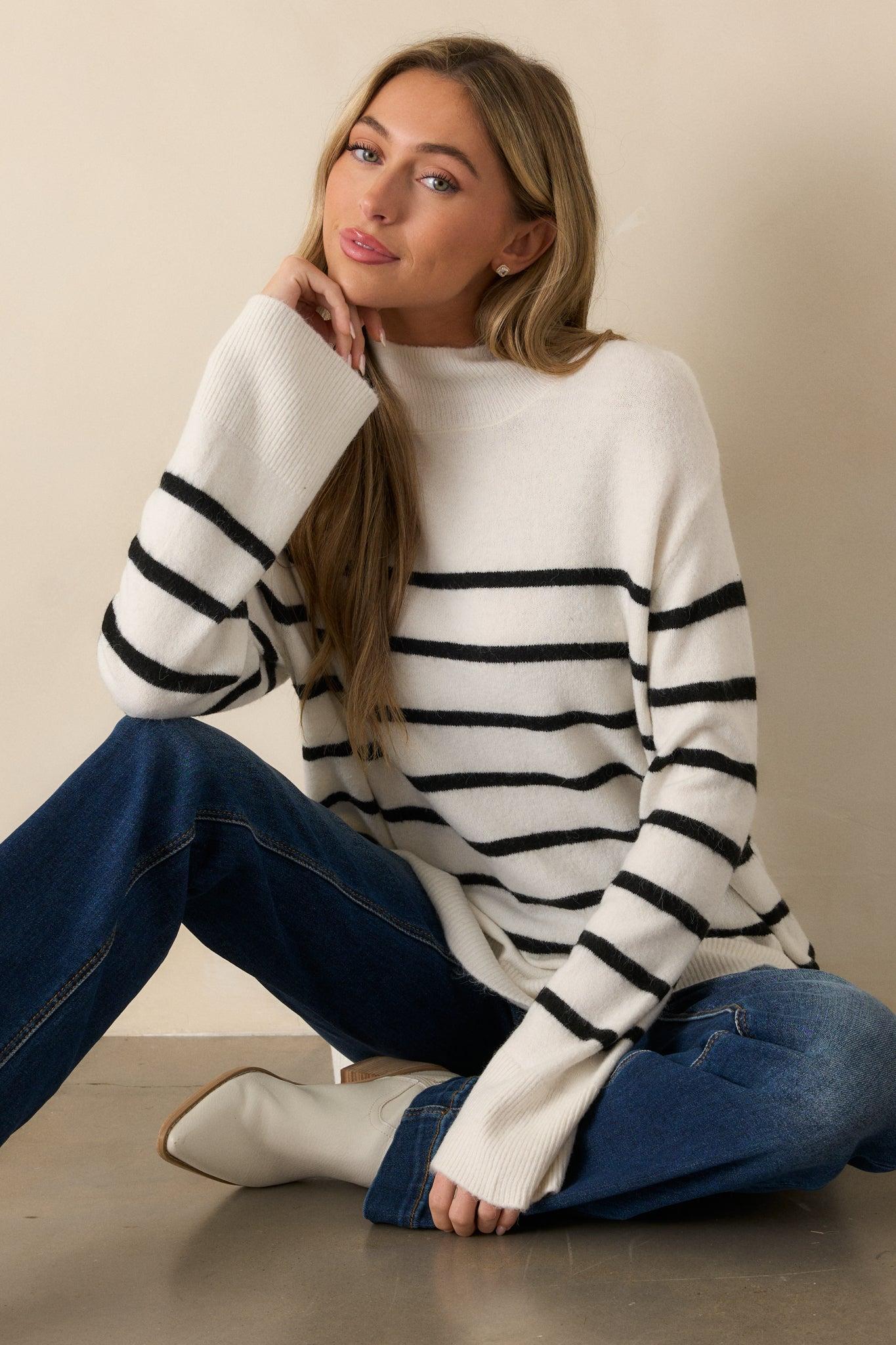 Z Supply Fin Sea Salt Ivory Stripe Turtleneck Sweater Product Image