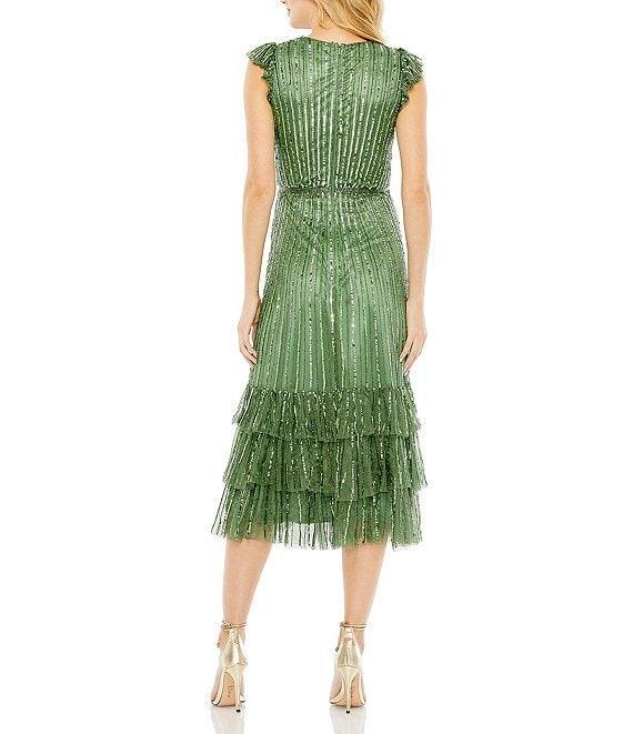 Mac Duggal Sequin V-Neck Wrap Over Cap Sleeve Ruffled Hem Dress Product Image