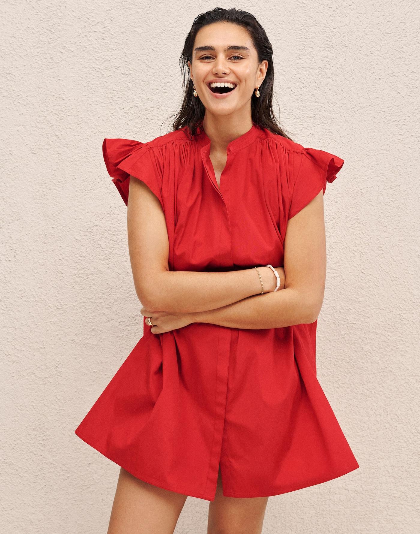 Flutter Sleeve Button-Front Mini Dress in Poplin Product Image