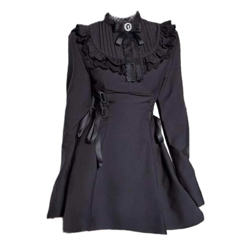 Long Sleeve Stand Collar Plain Bow Ruffle Tie-Up Mini A-Line Dress Product Image