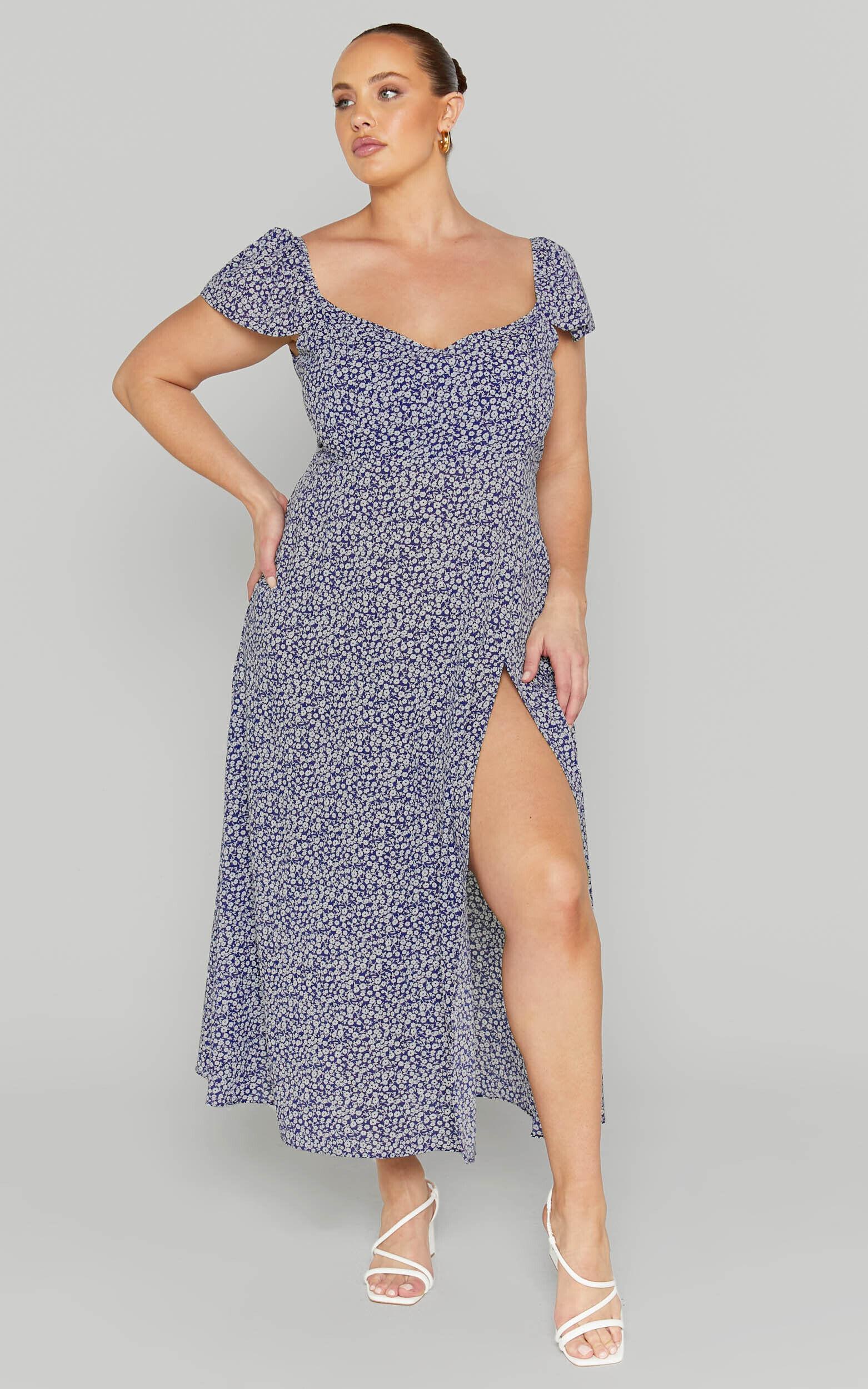 Donissa Midi Dress - Thigh Split Flutter Sleeve Dress in Blue Product Image