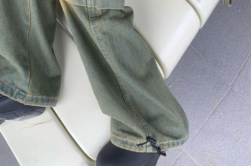 High Waist Washed Wide Leg Cargo Jeans Product Image