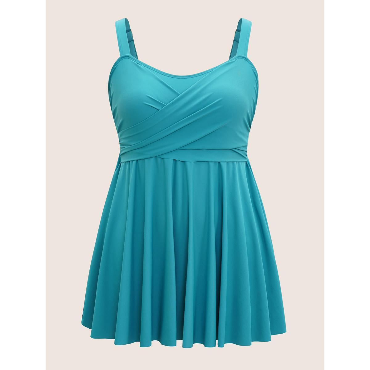 Plus Size Plain Crossover Gathered Detail Swim Dress Women's Swimwear Teal Beach Bodycon Heart neckline High stretch Curve Swim Dresses BloomChic 30/6X Product Image