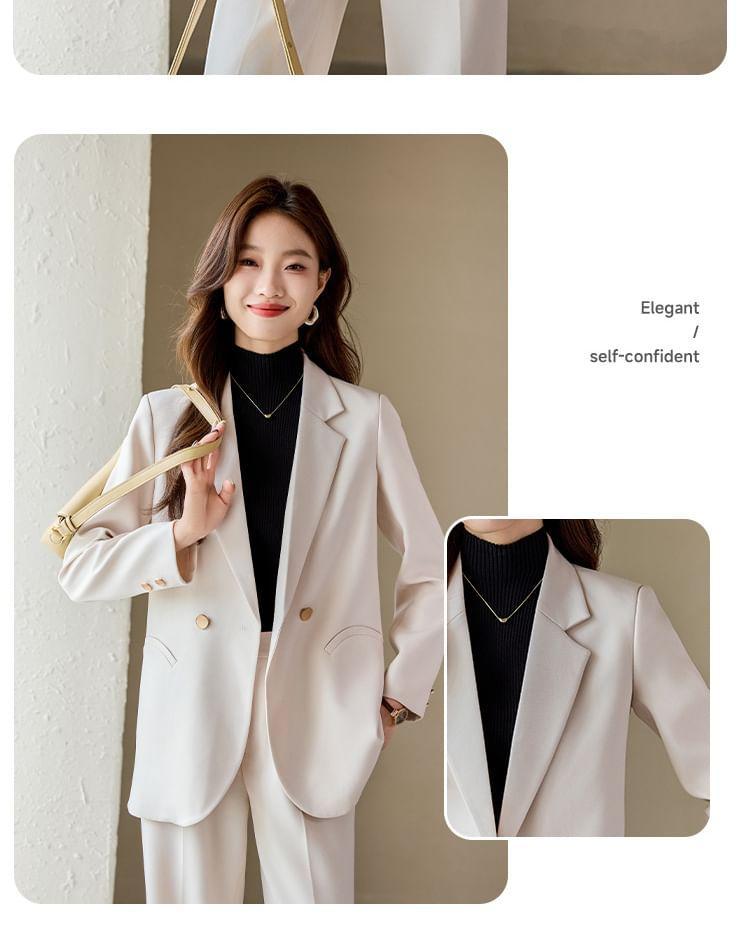 Lapel Collar Plain Double Breasted Blazer / Mid Waist Plain Wide Leg Slacks / Set Product Image