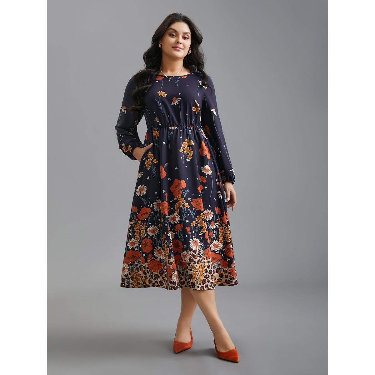 Plus Size Floral Boho Print Lantern Sleeve Dress Indigo Women Elegant Non Round Neck Long Sleeve Curvy BloomChic 26/4X Product Image