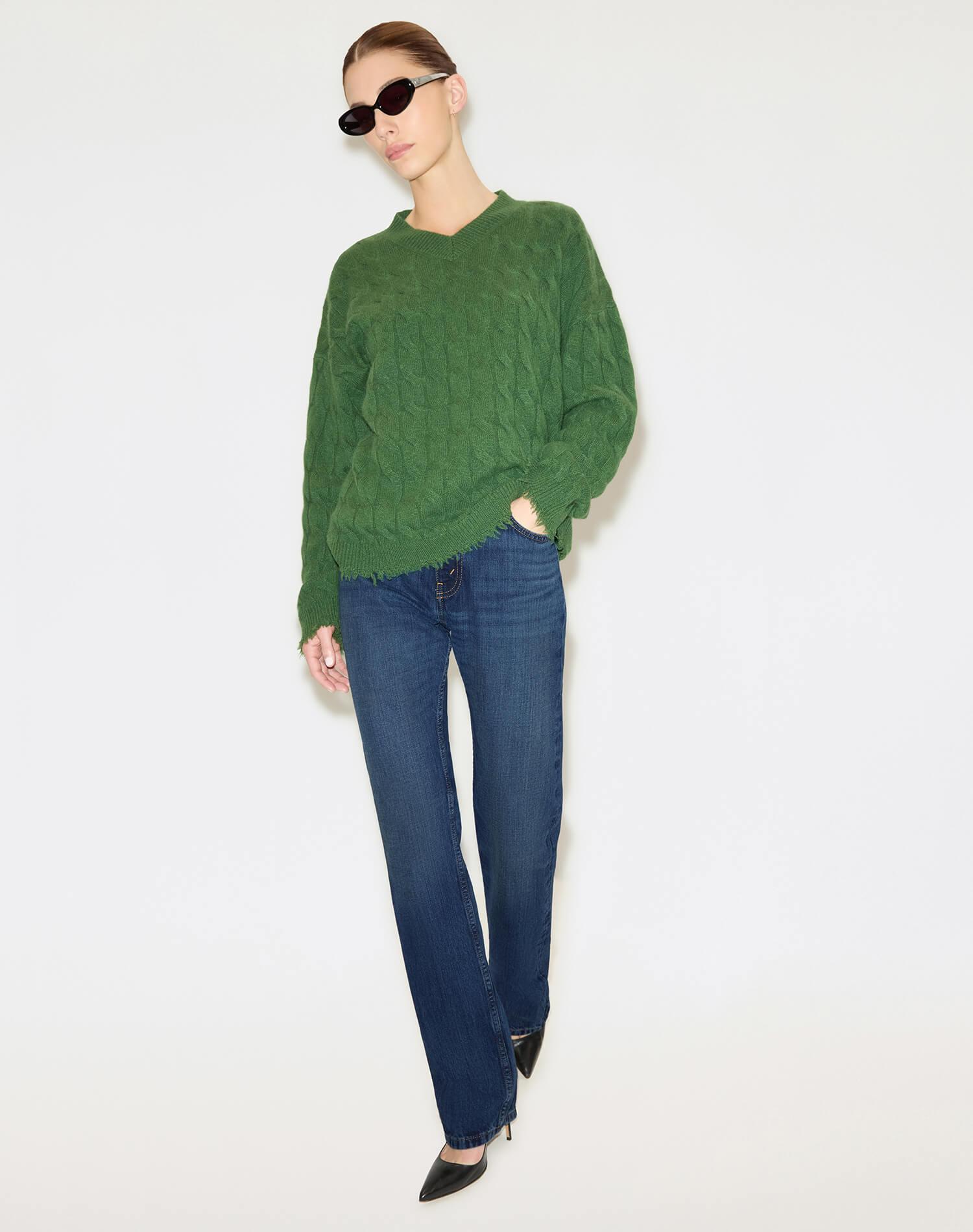 Cable V Neck Pullover - Cedar Product Image
