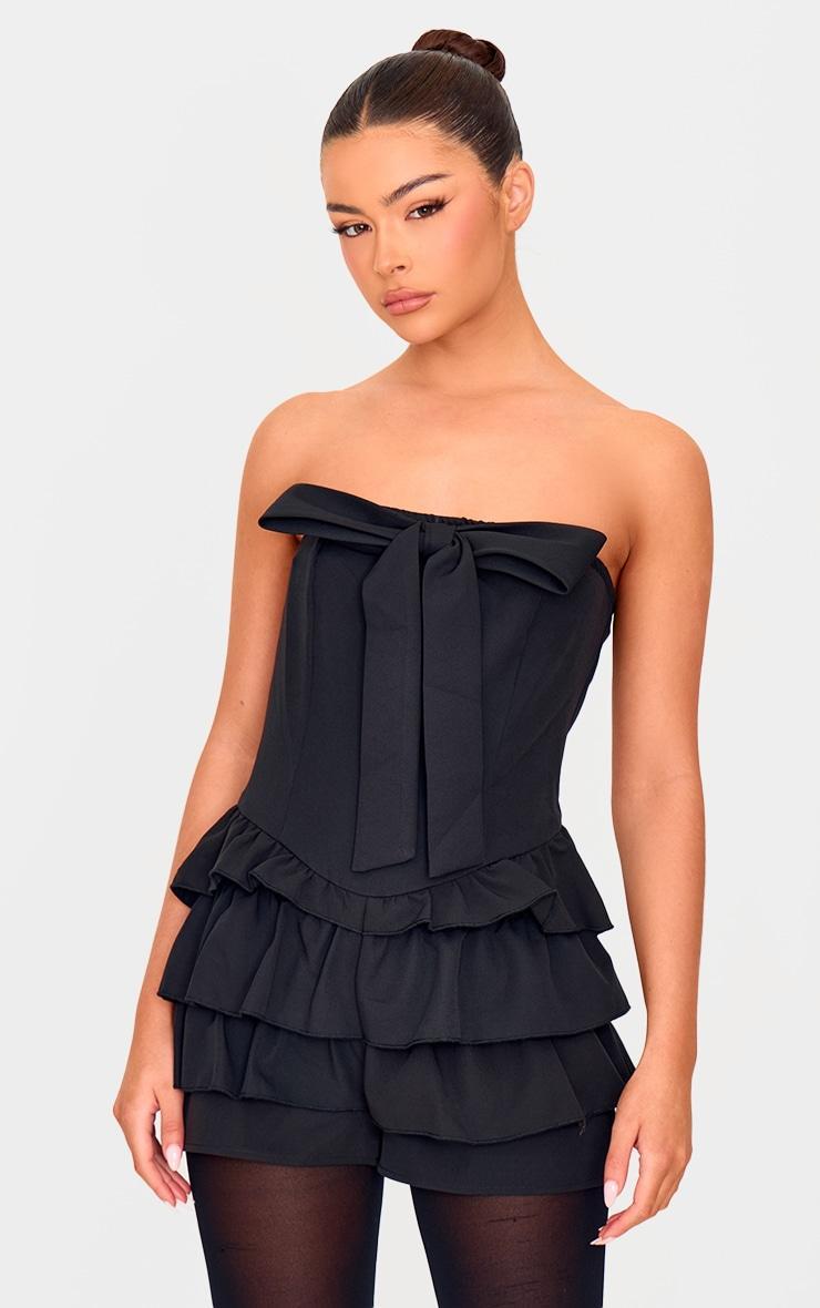 Black Bandeau Bow Detail Bloomer Skort Romper Product Image