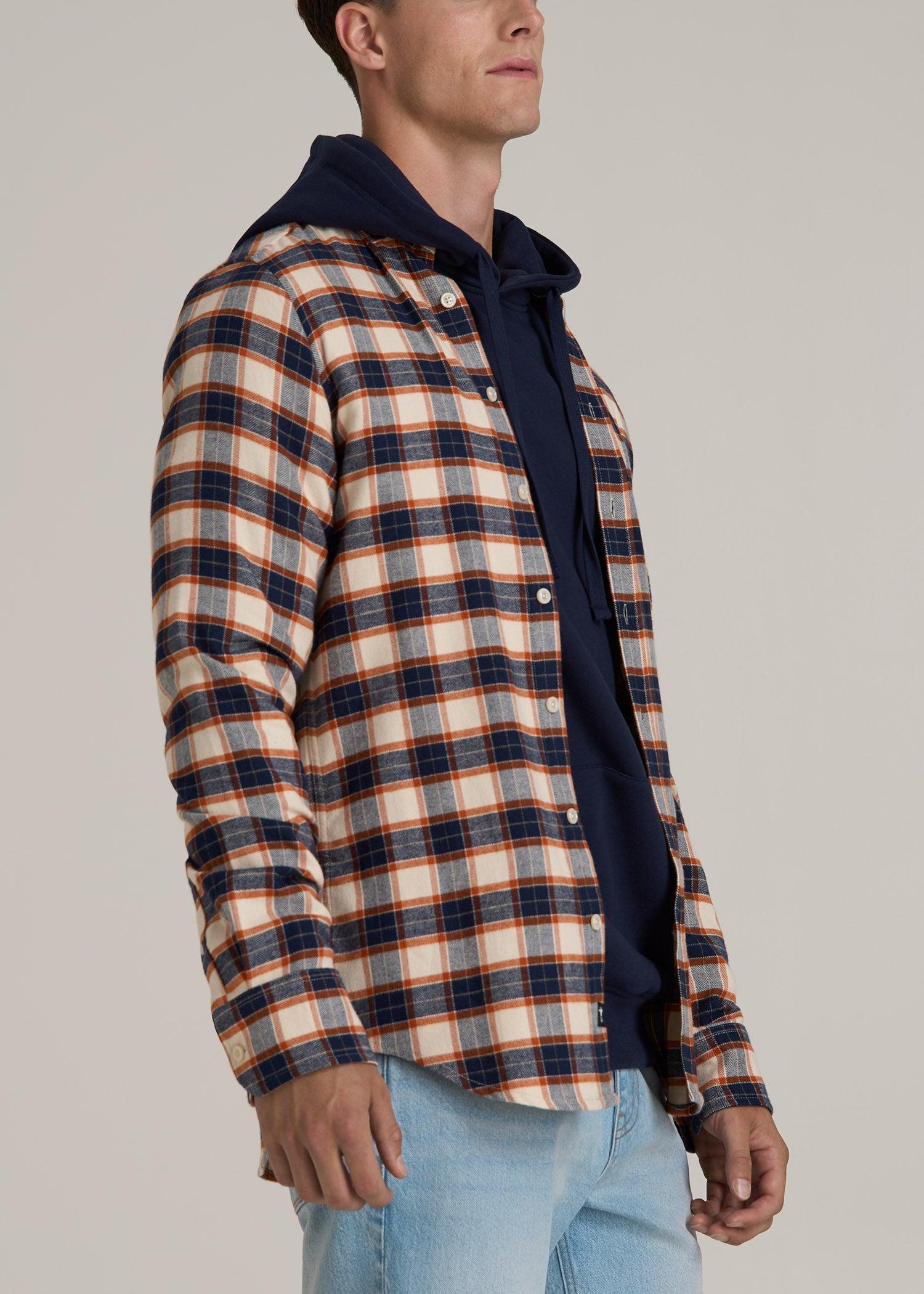 Midweight Brushed Flannel Button Shirt for Tall Men in Blue and Orange Plaid Male Product Image
