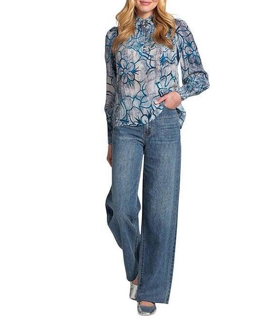 APNY Woven Floral Print Mock Neck Long Sleeve Blouse Product Image