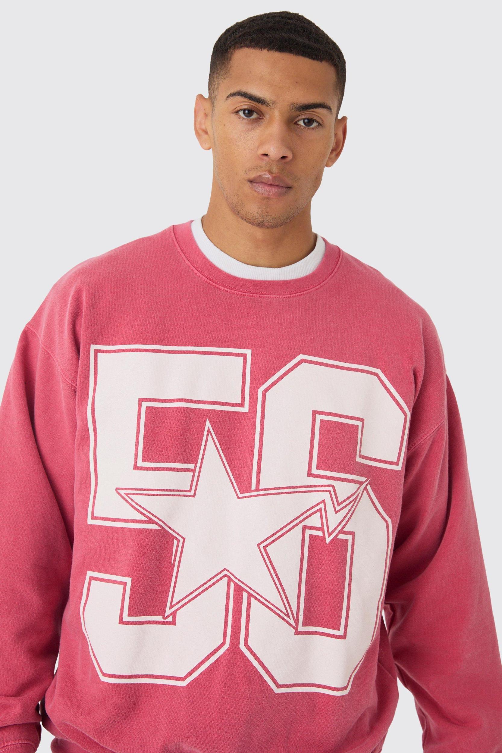 Oversized 56 Star Print Washed Sweatshirt | boohooMAN USA Product Image