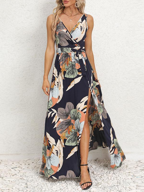 A-Line Loose Flower Print Pleated Split-Front Tied Waist V-Neck Maxi Dresses Product Image