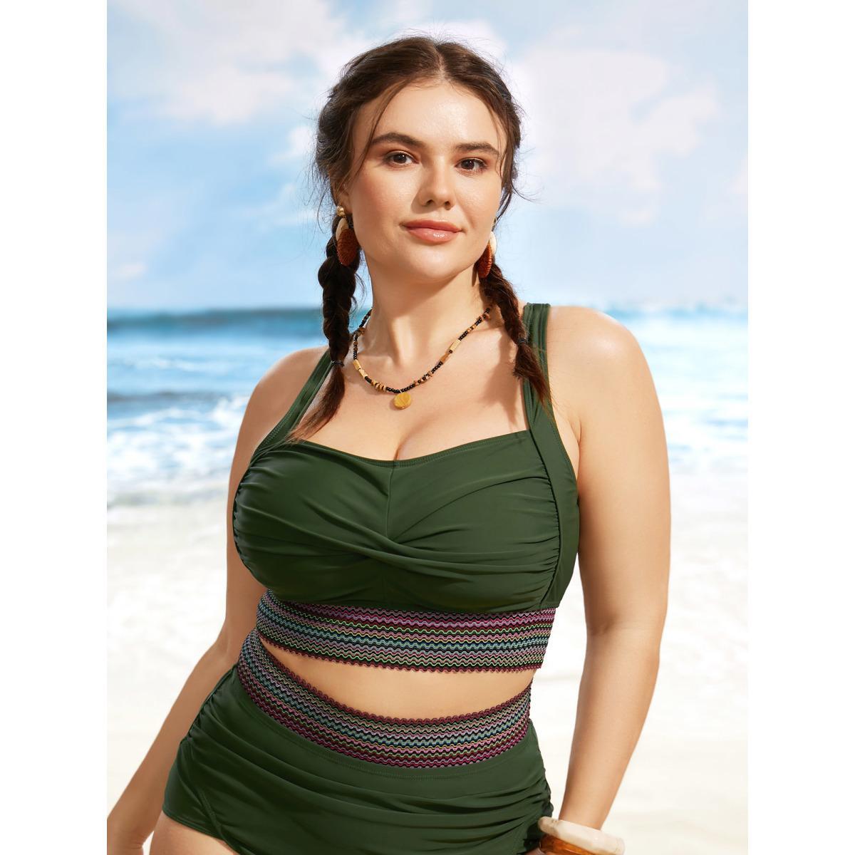 Plus Size Twist Front Patchwork Woven Ribbon Swim Top Women's Swimwear ArmyGreen Resort Woven ribbon&lace trim High stretch Skinny Heart neckline Curve Swim Tops BloomChic 30/6X Product Image