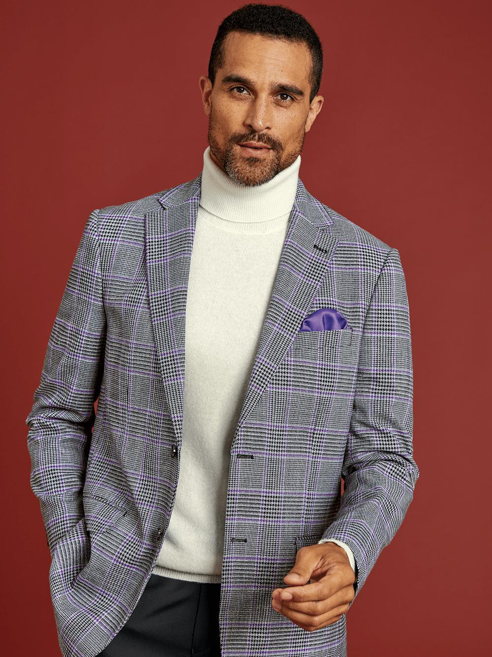 Microfiber Windowpane Single Breasted Notch Lapel Sport Coat - Grey/purple Product Image