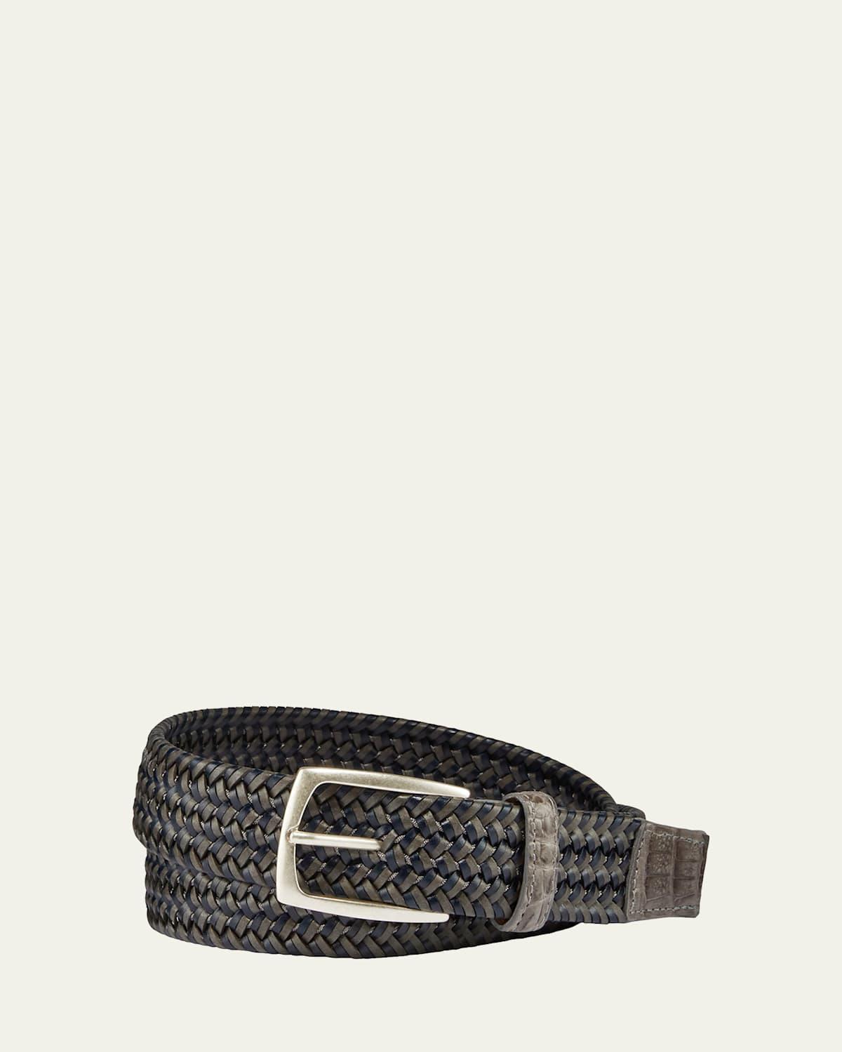 Mens Woven Leather Stretch Belt with Crocodile Trim Product Image