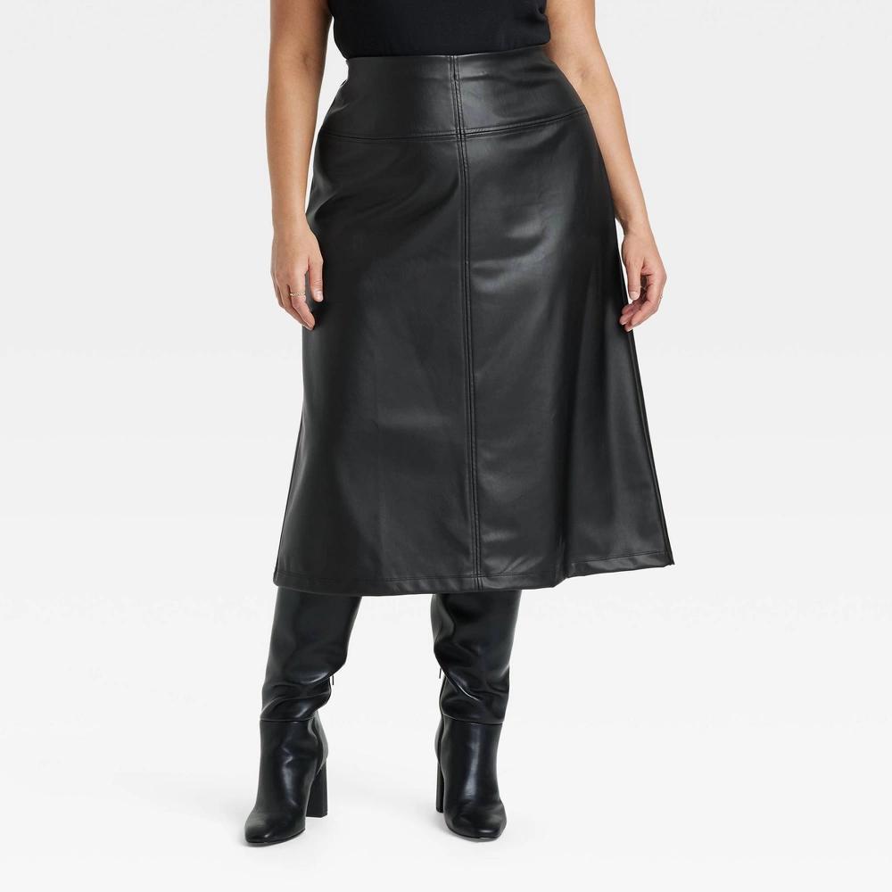 Women's Faux Leather Midi Skirt - A New Day™ Black 18 Product Image