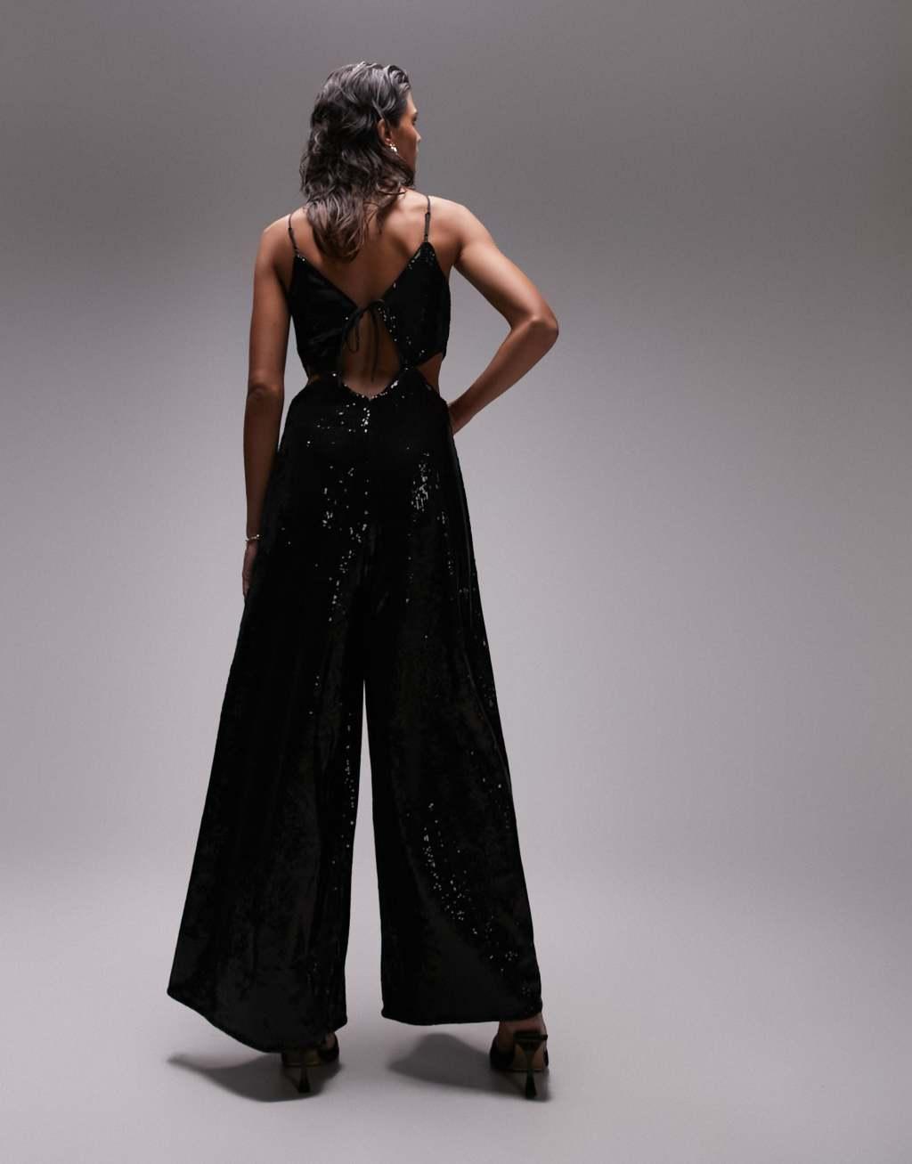 Topshop embellished cut out jumpsuit in black Product Image