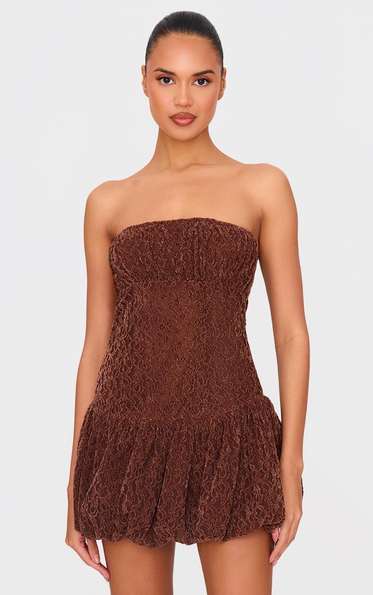 Chocolate Lace Bandeau Ruched Mini Dress Product Image