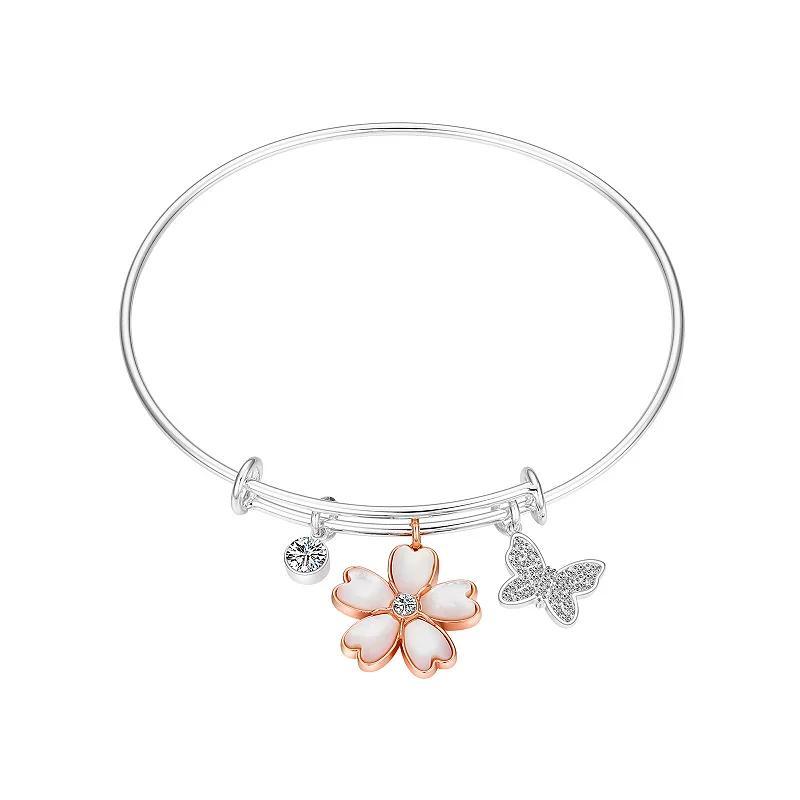 Love This Life Two-Tone Cubic Zirconia Butterfly & Mother of Pearl Flower Bangle Bracelet, Womens Two Tone Product Image