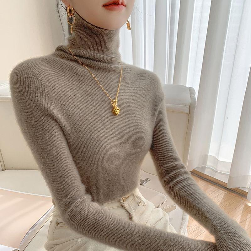 Turtleneck Plain Ribbed Sweater Product Image