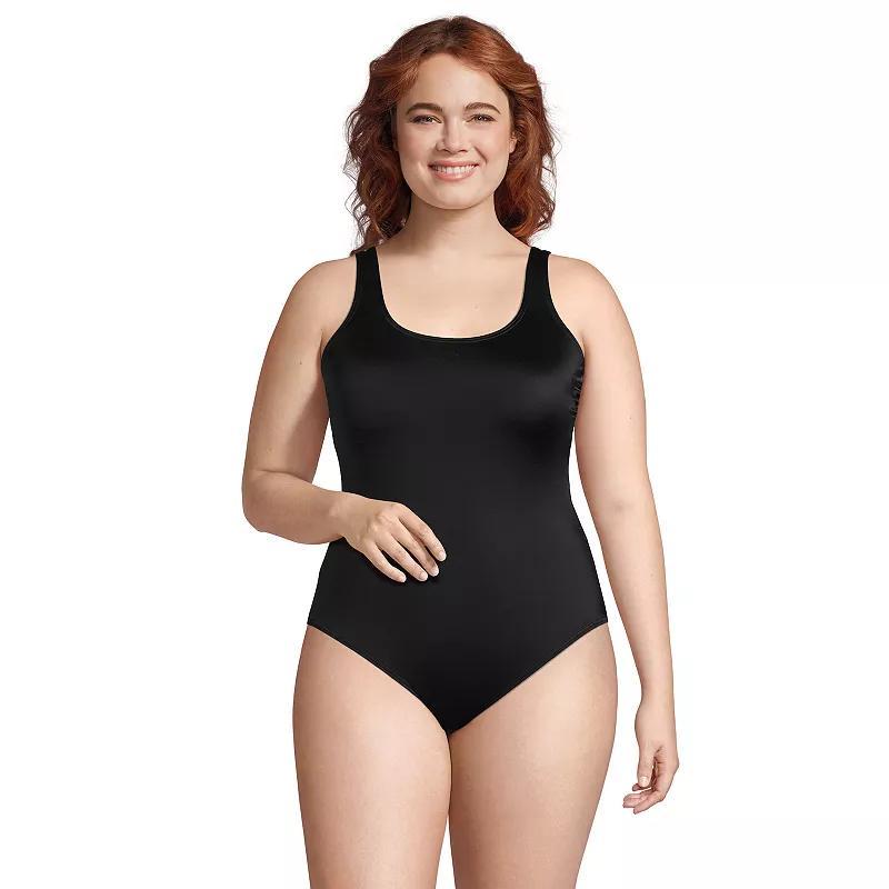 Plus Size Lands End Chlorine Resistant Tugless Sporty One-Piece Swimsuit, Womens Deep Blue Product Image