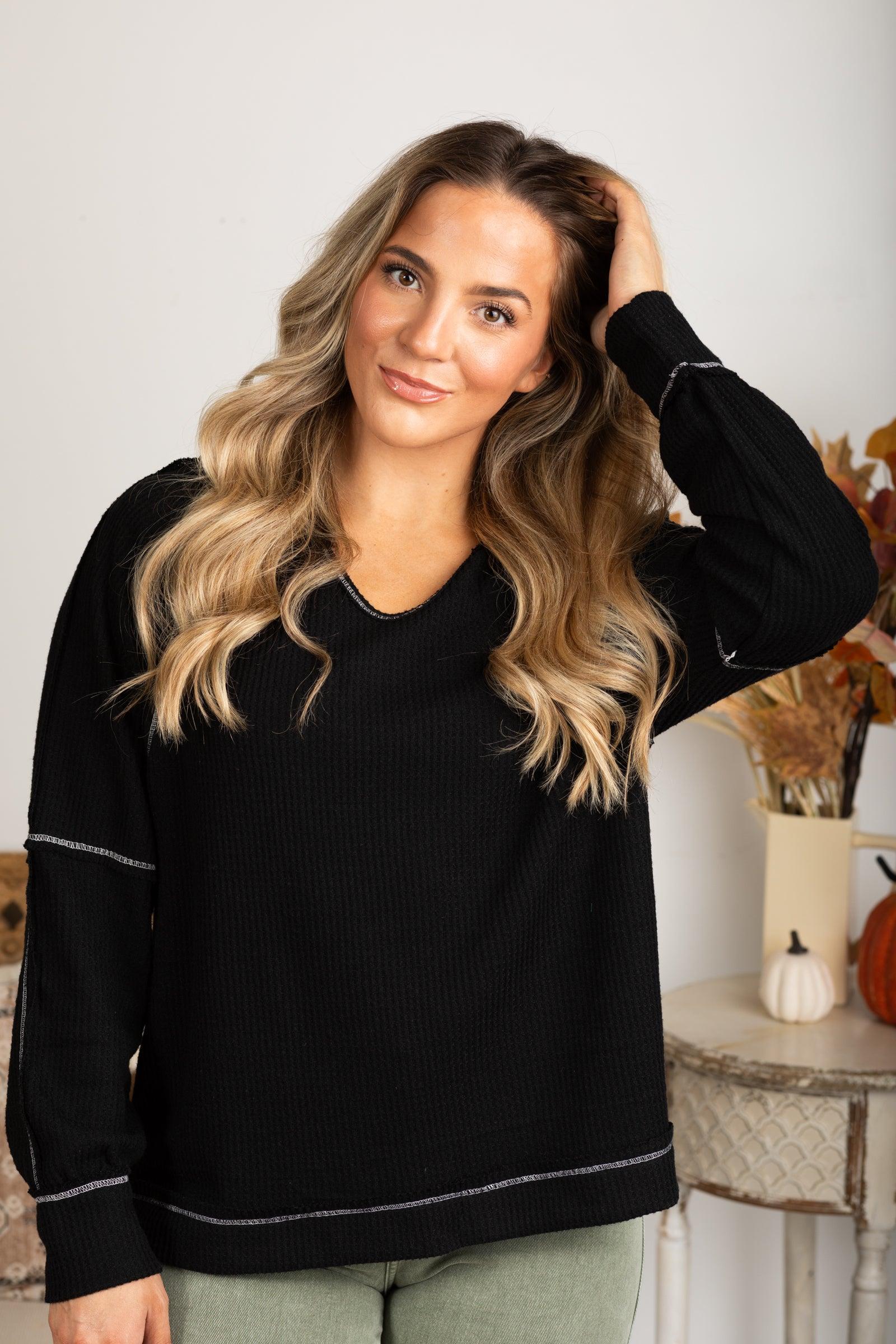 Notched Neck With Exposed Seams Knit Top Product Image