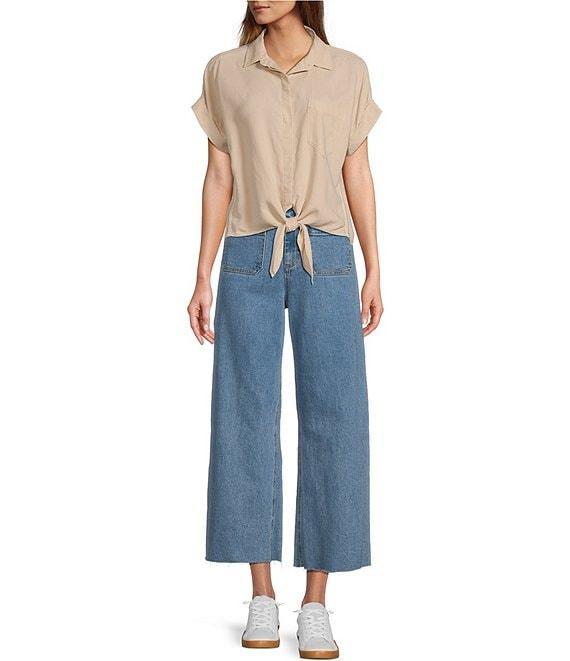 Cloth & Stone Woven Trimmed Short Roll Cuff Sleeve Point Collar Button Tie Front Top Product Image