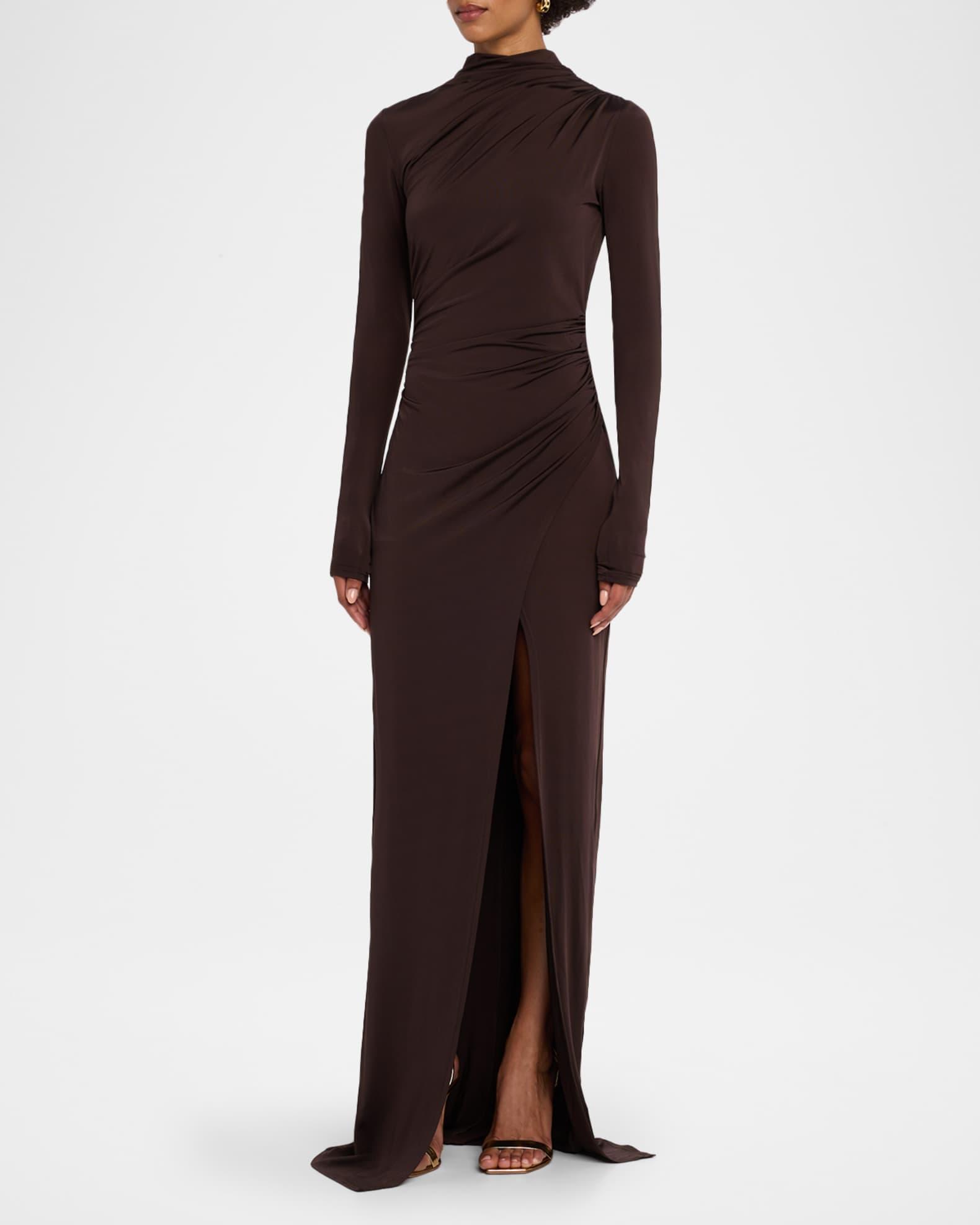 Ruched Mock-Neck Jersey Column Gown Product Image