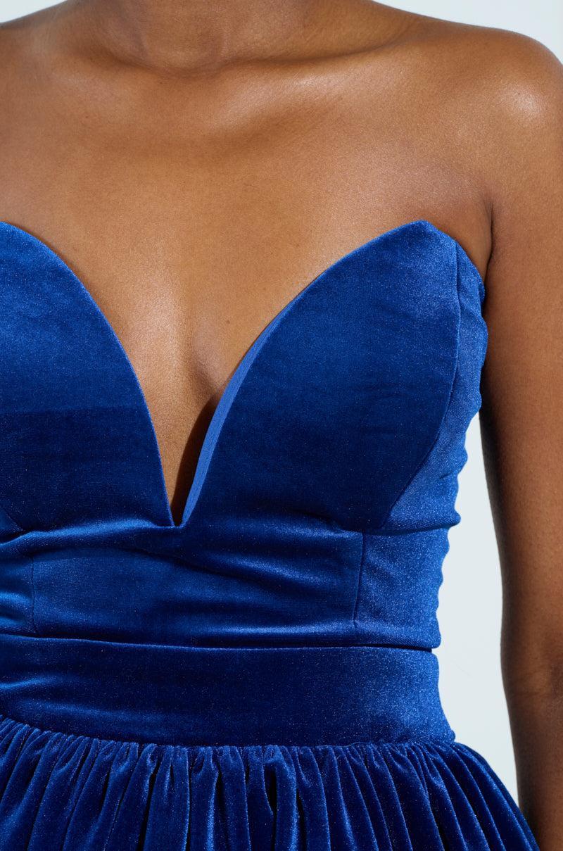 FEEL SOMETHING VELVET MINI DRESS IN BLUE Product Image