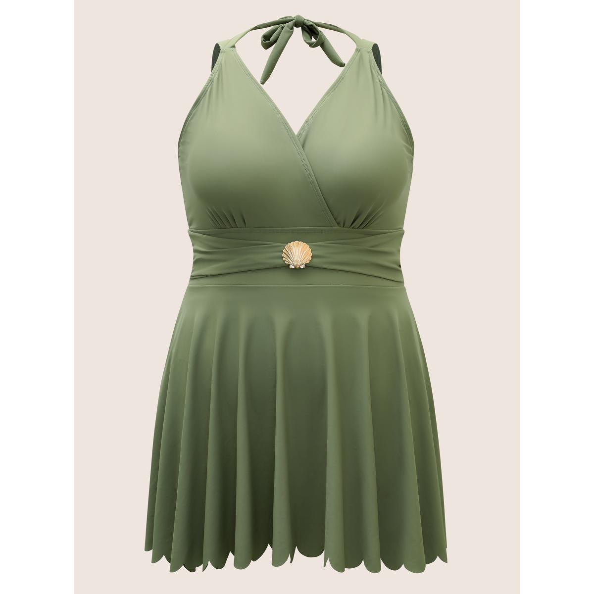 Plus Size Solid Tie Knot Metal Shell Detail Swim Dress Women's Swimwear Moss Beach Bodycon Overlap Collar High stretch Curve Swim Dresses BloomChic 14-16/1X Product Image