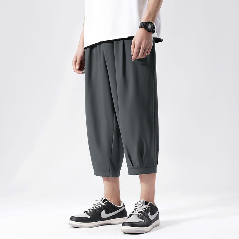 Elastic Waist Plain Cropped Wide Leg Harem Pants Product Image