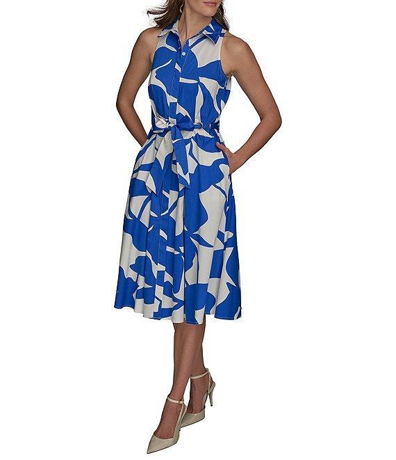Donna Karan Floral Print Button Front Grommet Belted Midi Dress Product Image