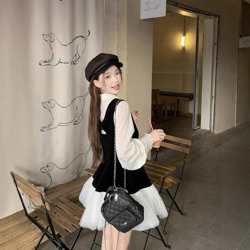 Long-Sleeve Plain Shirt / Sleeveless Ruffle Mini Dress Product Image