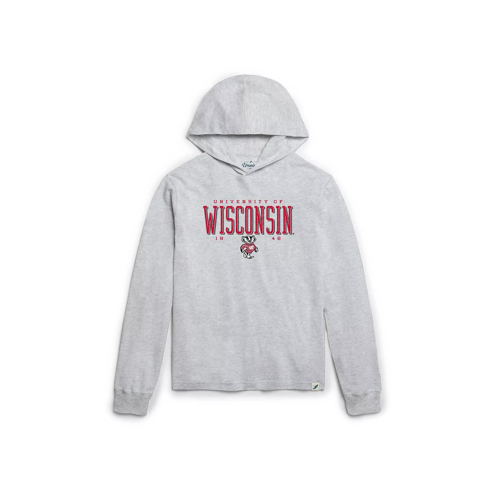 Men's League Collegiate Wear Ash Wisconsin Badgers Team Stack Tumble Long Sleeve Hooded T-Shirt, Size: Large, Black Product Image