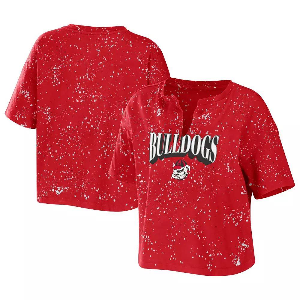 Women's WEAR by Erin Andrews Red Georgia Bulldogs Bleach Wash Splatter Cropped Notch Neck T-Shirt, Size: Medium Product Image