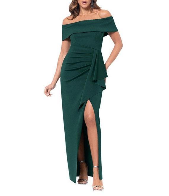 Xscape Off the Shoulder Scuba Crepe Ruched Bodice Ruffle Front Gown Product Image