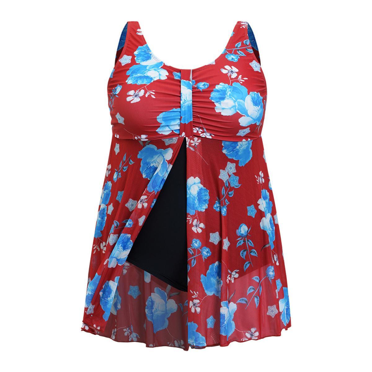 Plus Size Floral Print Split Front Ruched A Line Swim Dress Women's Swimwear Red Vacation Bodycon Round Neck High stretch Curve Swim Dresses BloomChic 28/5X Product Image