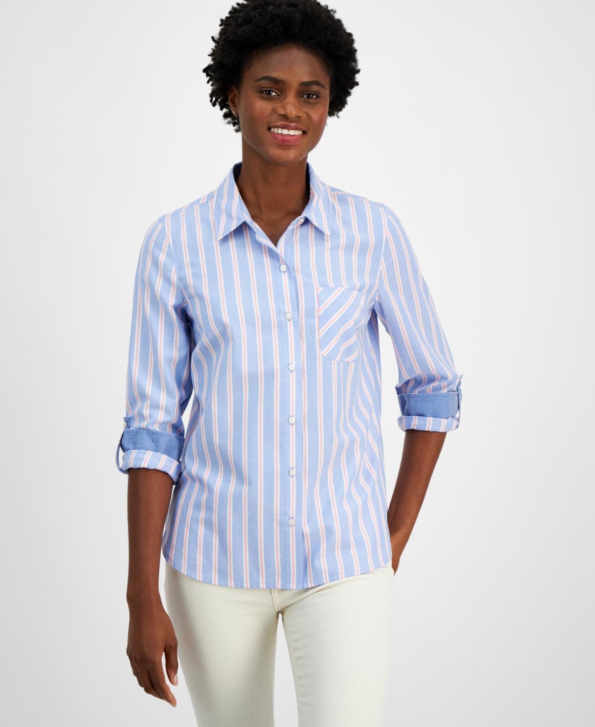 Nautica Jeans Womens Striped Roll-Tab-Sleeve Button-Front Shirt Product Image