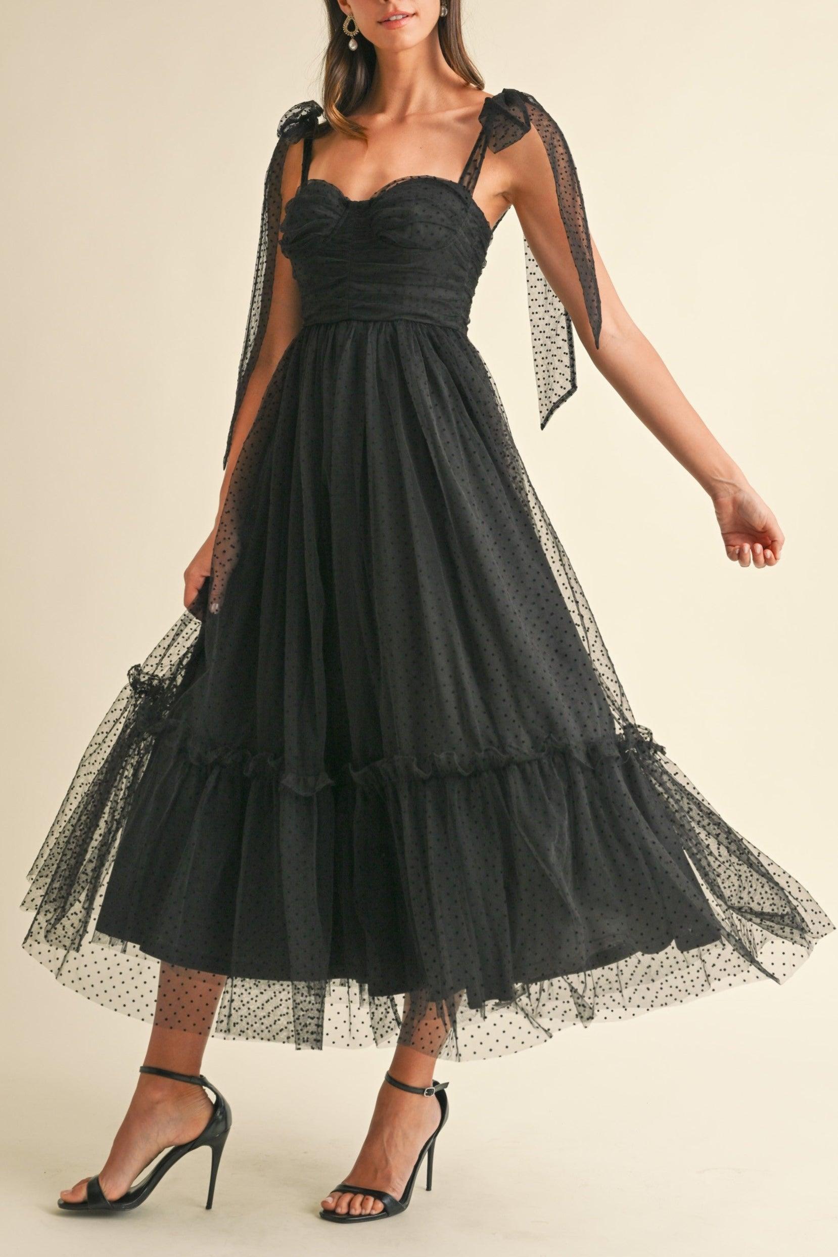 Polka Dot Mesh Tie Shoulder Midi Dress Product Image