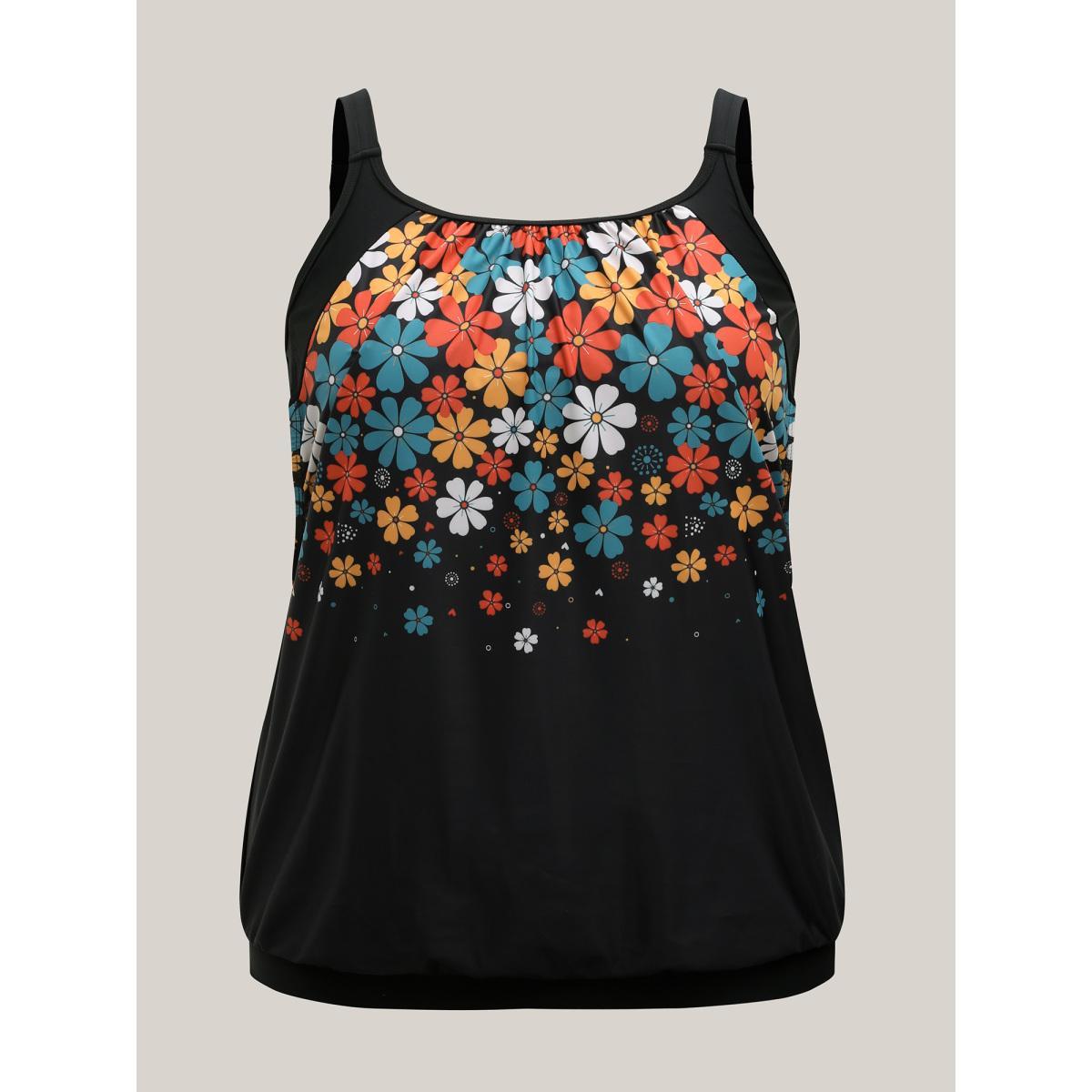 Plus Size Floral Print Cut-Out Swim Top Women's Swimwear Black Beach Patchwork High stretch Bodycon U-neck Curve Swim Tops BloomChic 14-16/1X Product Image