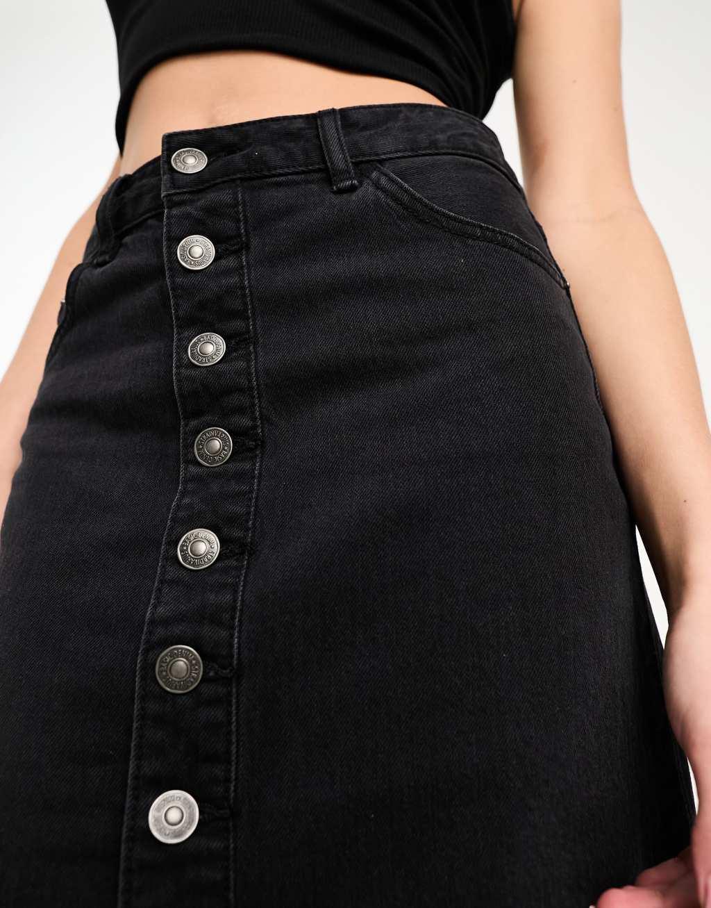 Stradivarius button through denim midi skirt in black  Product Image