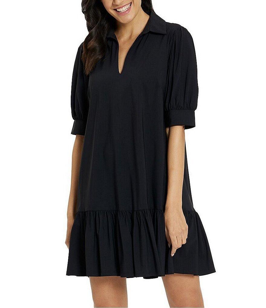 Jude Connally Tierney Knit Point Collar V-Neck Short Puff Sleeve Side Pocket Drop Waist Flounce Hem Dress Product Image