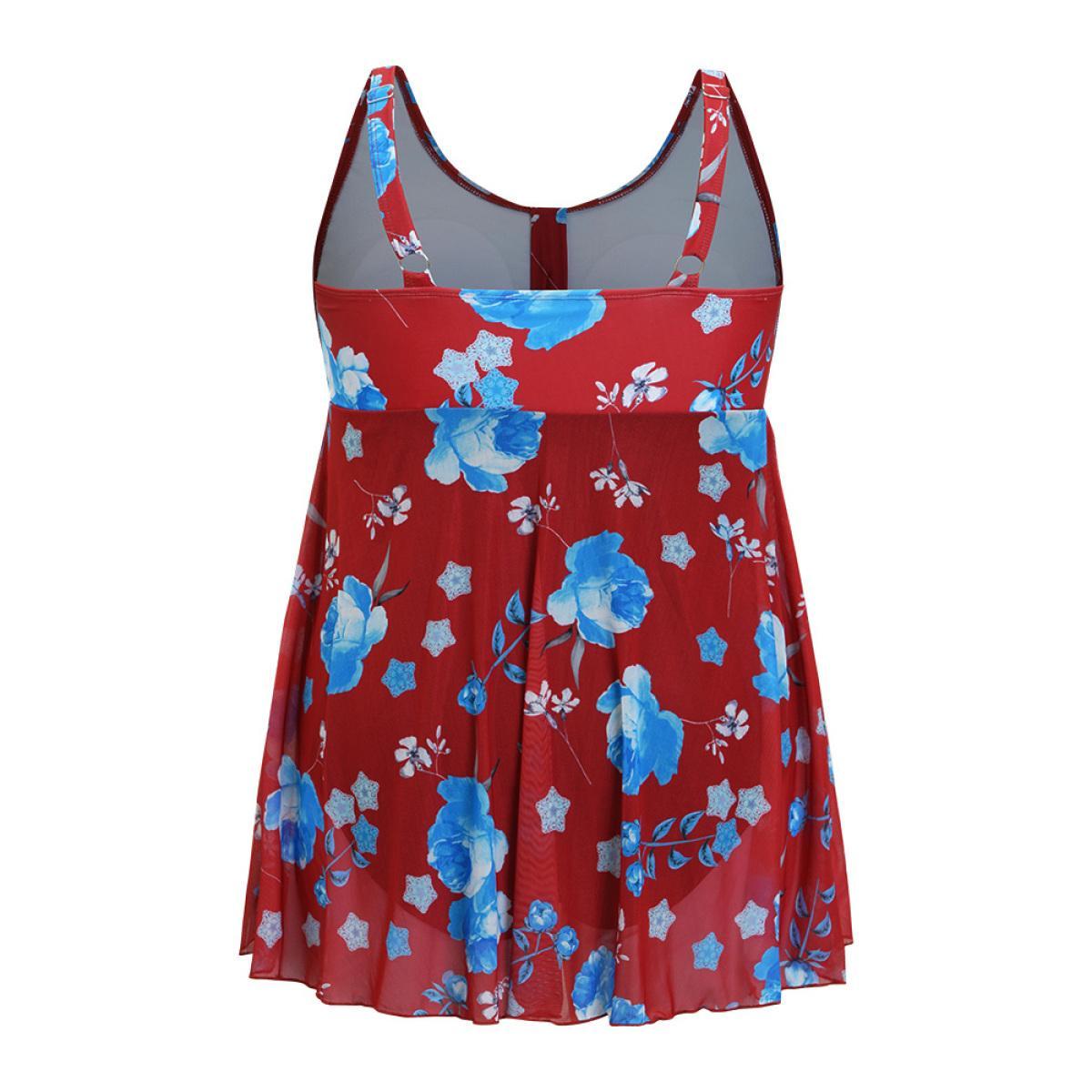 Plus Size Floral Print Split Front Ruched A Line Swim Dress Women's Swimwear Red Vacation Bodycon Round Neck High stretch Curve Swim Dresses BloomChic 28/5X Product Image