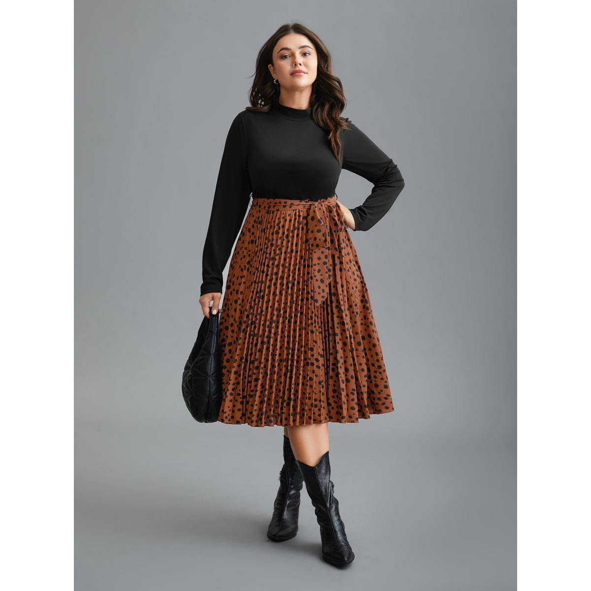 Plus Size Leopard Print Pleated Mock Neck Midi Dress Russet Women At the Office Belted Mock Neck Long Sleeve Curvy BloomChic 14-16/1X Product Image