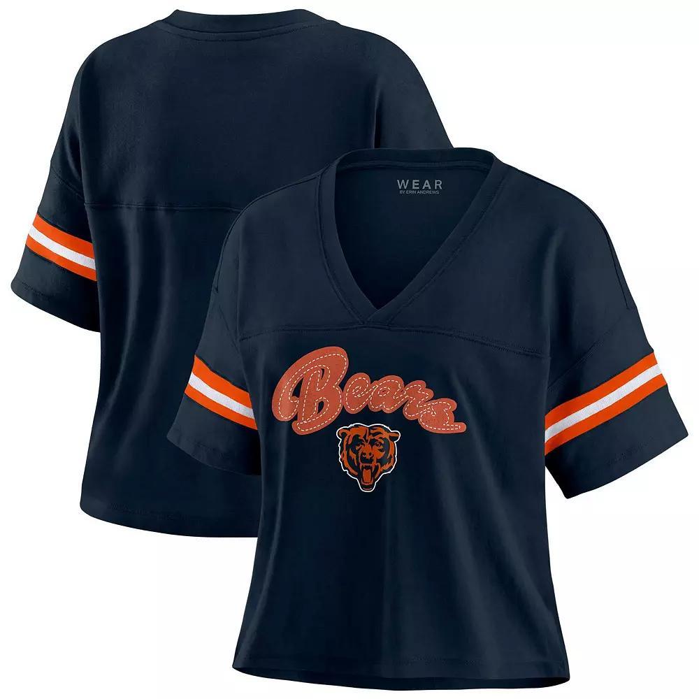 Women's WEAR by Erin Andrews Navy Chicago Bears Plus Size Color Block Boxy V-Neck T-Shirt, Size: 1XL, Blue Product Image