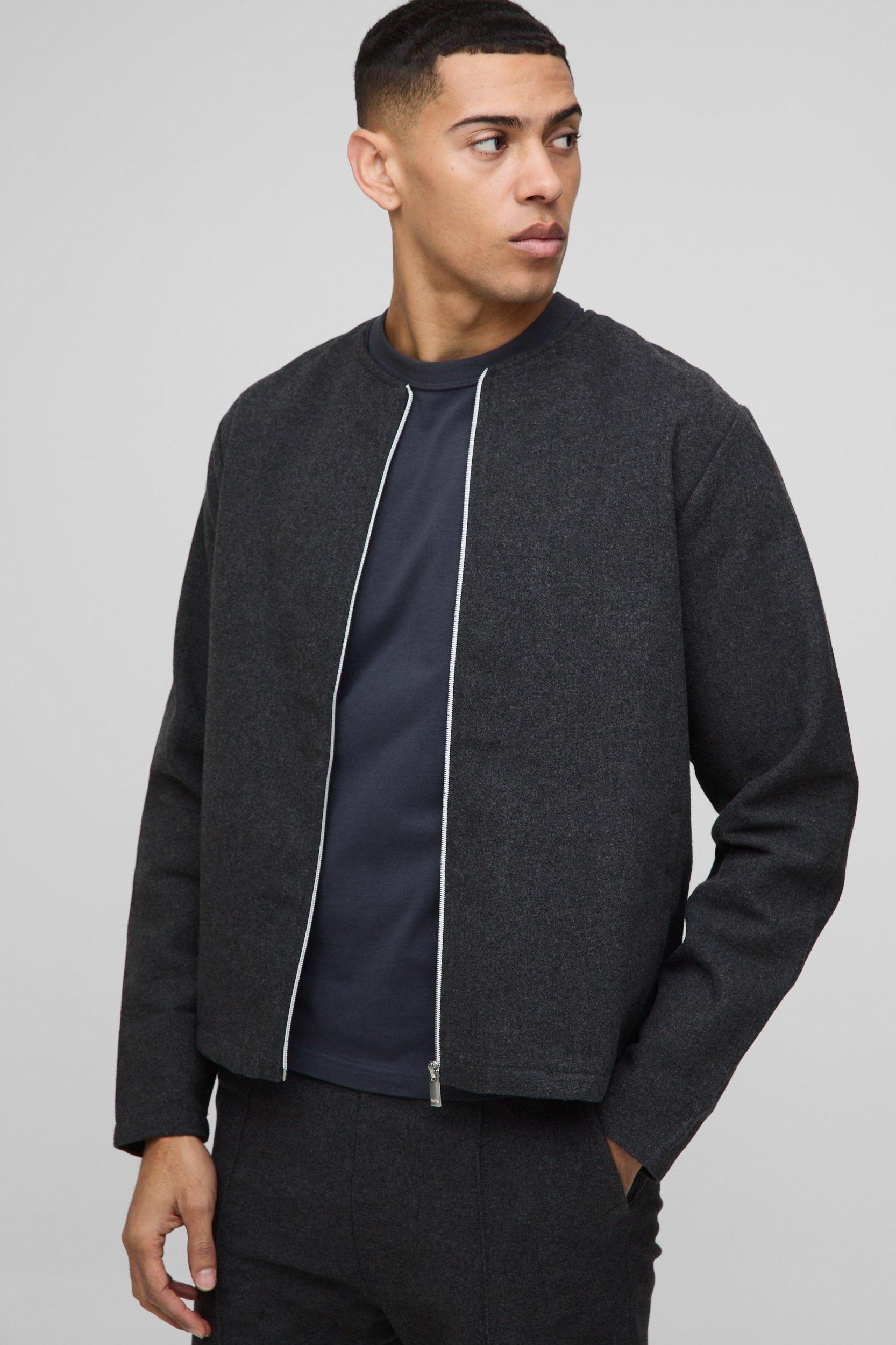 Brushed Zip Through Collarless Jacket | boohooMAN USA Product Image