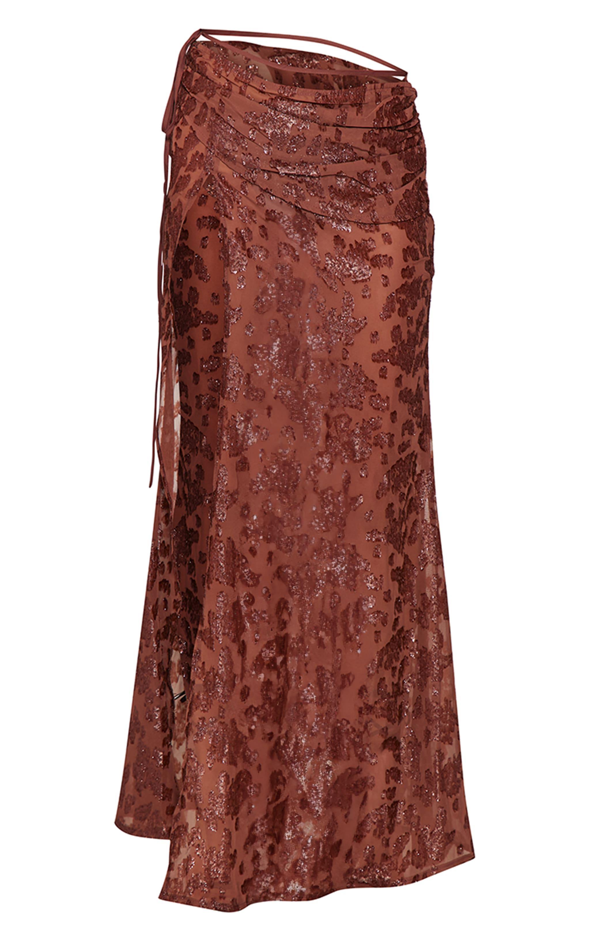 Chocolate Sheer Floral Applique Wrap Maxi Skirt Product Image