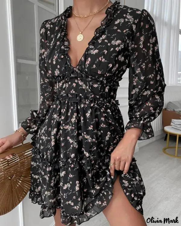 Olivia Mark – Daisy Print Long Sleeve Frill Hem Dress Product Image